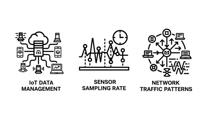 Io t infrastructure and network monitoring line icons for data management sensor sampling and traffic with management sampling patterns connectivity internet technology analysis information