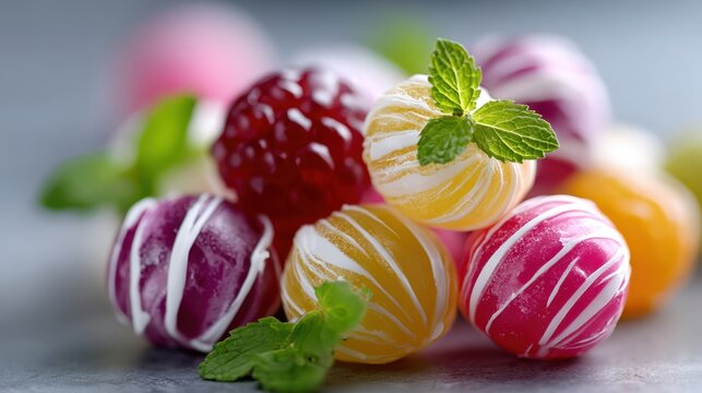 Assorted swedish candies with vibrant colors and mint leaves for sweets lovers