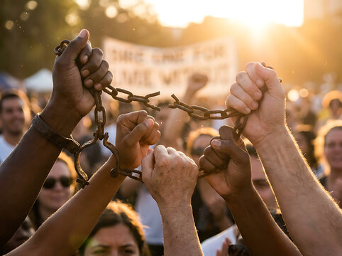 Powerful hands from diverse backgrounds clasping a symbolic broken chain, representing unity, resilience, and the triumph of freedom against a hopeful, sunlit backdrop of collective action