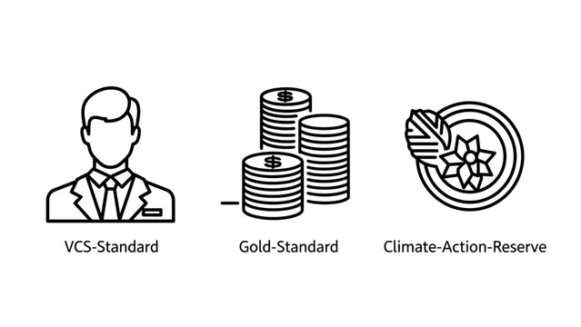 Icons representing carbon offsetting standards including person symbol money coins and leaf design with standard environment business sustainability management certification investment strategy