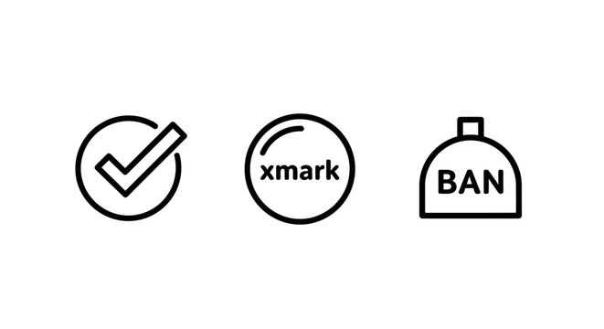 Set of compliance and regulatory icons featuring checkmark verified status x mark rejection and forbidden ban symbol check mark compliance rejection forbidden regulation standard business