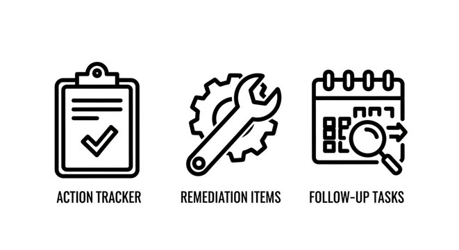 Business management icons depicting action tracker clipboard mechanical remediation items and calendar follow up tasks with follow up management business clipboard remediation calendar follow-up