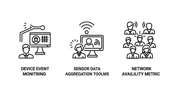 Device event monitoring sensor data aggregation and network availability metrics icons with monitoring aggregation availability analytics performance connection connectivity computer analysis