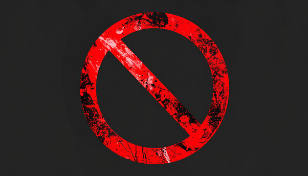 Forbidden symbol stamp in red ink, isolated composition, dark minimal background. Close-up.