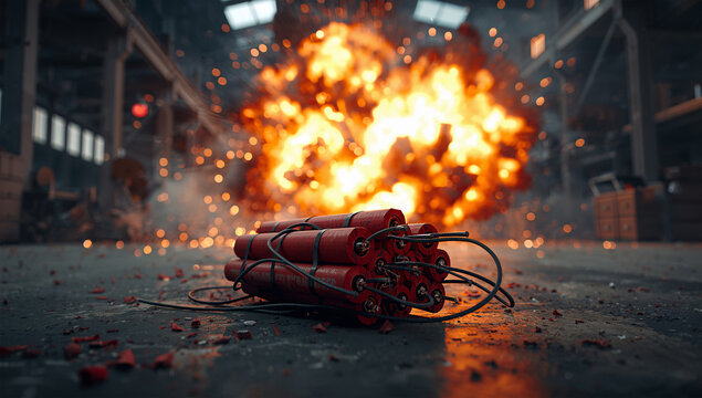ゲーム演出にも使える超派手な工場爆発と爆薬束の背景写真