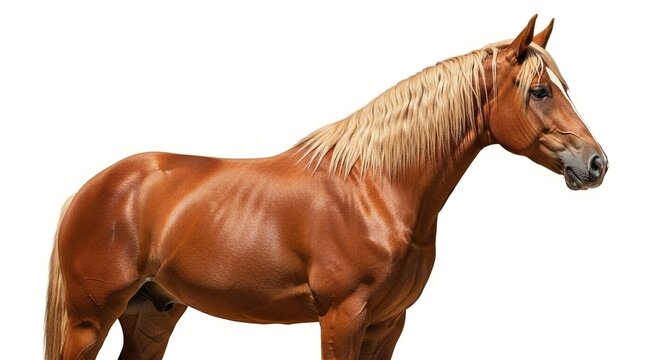 A beautiful brown horse with a blonde mane stands against a white background