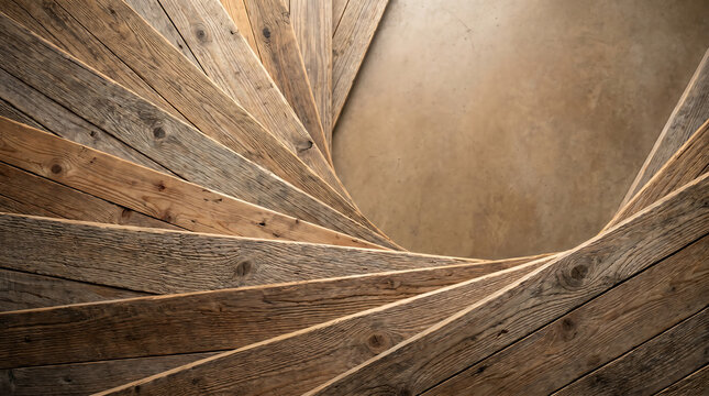 Dynamic spiraling pattern created by weathered wooden planks forms a captivating abstract background with strong leading lines and rustic texture