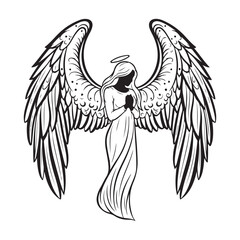 Naklejka premium Praying angel with large feathered wings and halo black and white line art vector illustration