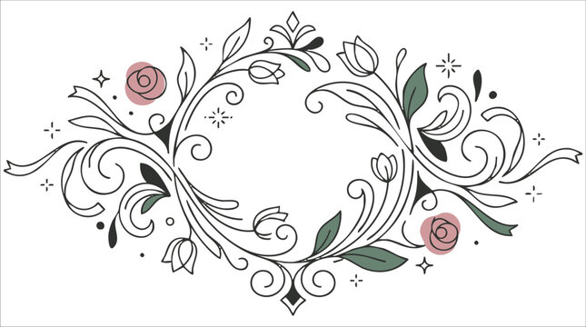 Elegant Floral Line Art Frame Vector Illustration with Decorative Swirls and Roses