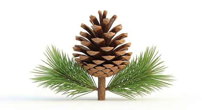A large brown pinecone sits atop a small pine branch with green needles on a white background.
