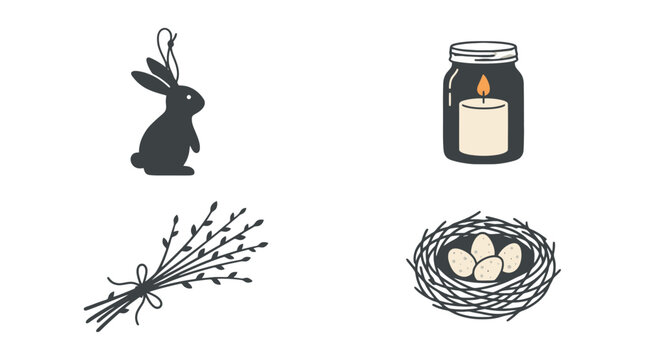 Set of hand drawn Easter holiday illustrations with bunny candle nest and pussy willow.