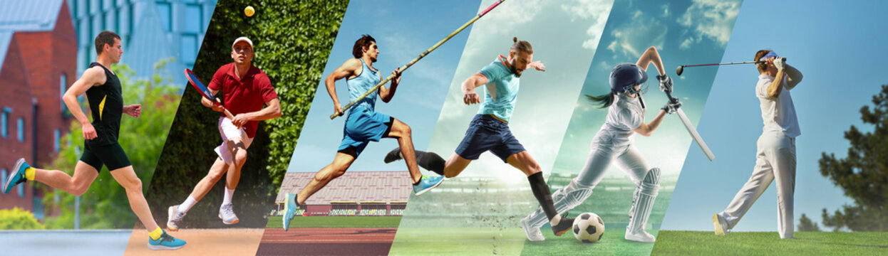 Summer sport mixed media with running tennis pole vault soccer cricket and golf. Concept of athletic diversity, club marketing, competition coverage, fitness promo and event banners.