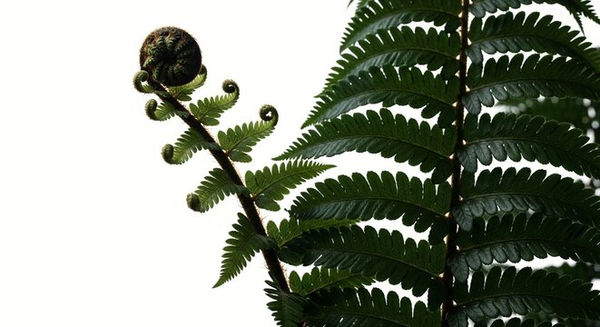 A close-up view of a lush green fern plant with curled fronds against a white background