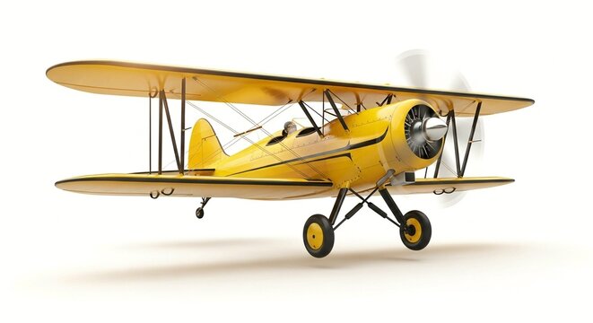 A yellow vintage biplane model with a white background