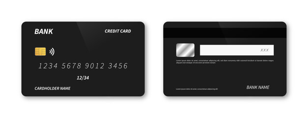 Obraz premium Two black credit cards with white text and gold chip on left card and silver chip on right card with rounded corners and detailed information