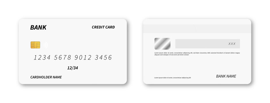 Two white credit cards on white background with black text and gold chip one card facing forward with card details and the other card facing backward with signature panel and bank name