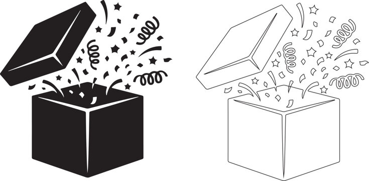 Surprise gift box icons, black and white vector illustrations, exploding with confetti and stars, celebration and party symbols, gift and surprise concepts