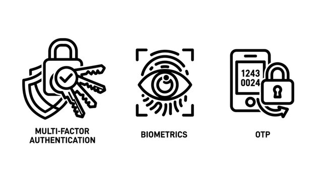 Security and authentication icon set featuring multi-factor authentication biometrics otp security authentication biometrics password verification cybersecurity identity protection encryption