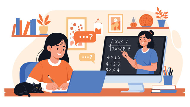 Young female student attending an online mathematics class on her computer while her teacher explains equations from the digital screen.