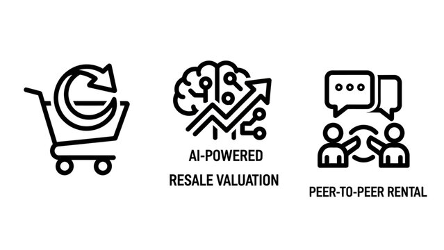 Business icons set representing resale valuation and peer to peer rental services with valuation business shopping artificial intelligence collaboration strategy technology platform analysis
