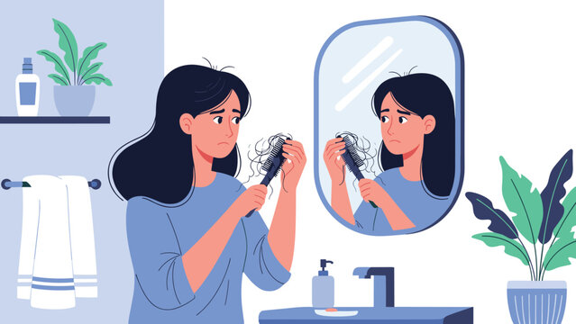 Sad young woman looking into a bathroom mirror while holding a hairbrush full of lost hair, worried about female pattern baldness.