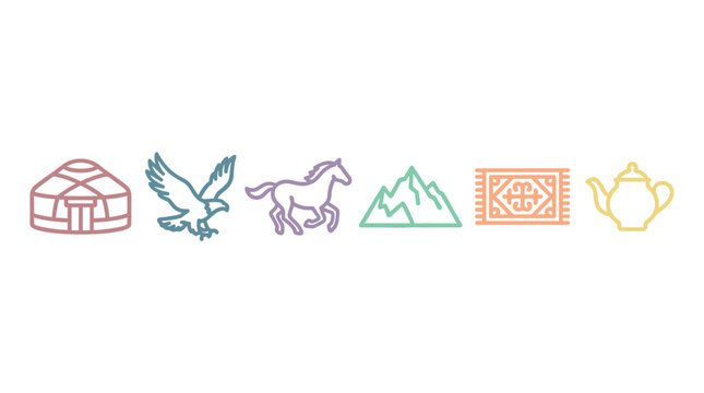 Yurt, eagle, horse, mountains, rug, and teapot icons beautifully illustrate traditional nomadic Central Asian culture and heritage elements in a minimalist style.