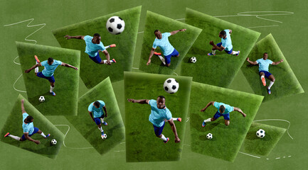Naklejka premium Soccer player motion sequence on green field in tactical collage. Concept of football training, match analysis, sport strategy, coaching visuals and game poster.