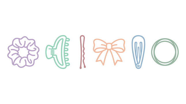 Hair accessories collection of various stylish items including scrunchie, claw clip, bobby pin, bow, snap clip, and elastic in pastel line art style.