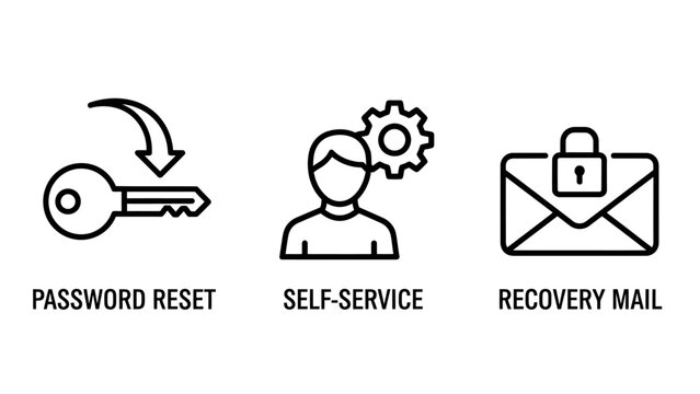 Password reset and account recovery security icons with self service password security recovery settings protection cybersecurity management authentication technical verification envelope