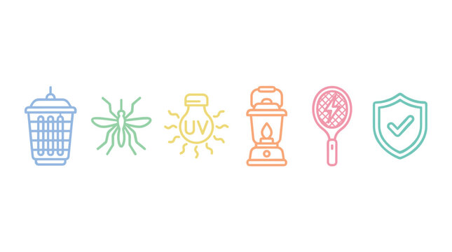 Mosquito control icons and insect repellent tools for pest prevention and outdoor safety, illustrating various methods to protect against biting insects.