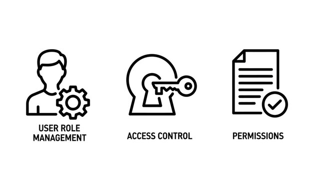 User access control and digital security line icon set with security permissions management password authorization protection authentication identity cybersecurity illustration document
