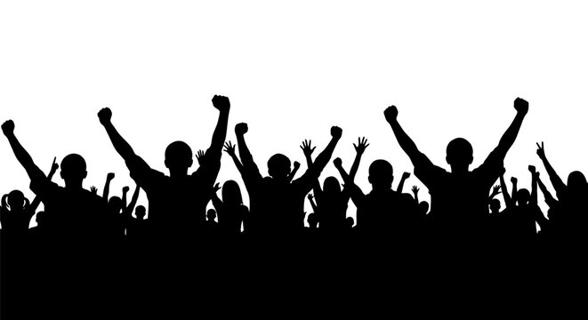 Silhouette of a cheering crowd with raised arms celebrating success.
