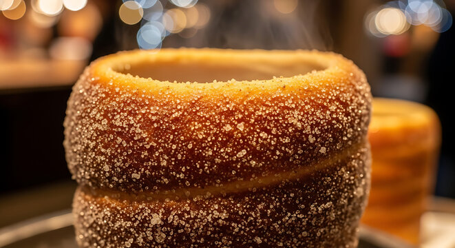 Traditional Eastern European Christmas Sugar Glazed Chimney Cake Trdelnik, Sweet Aromatic Winter Seasonal Street Food Dusted with Cinnamon and Spice, Delicious Festive Pastry from Czech Republic.