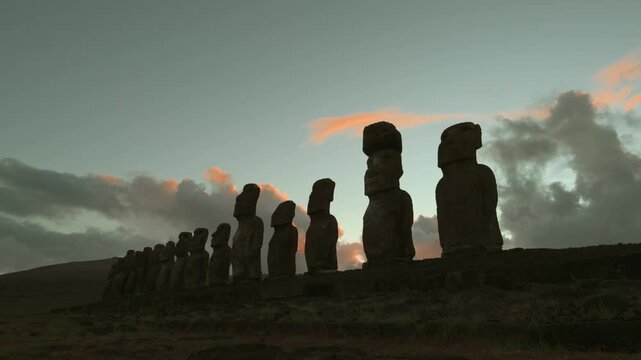 Time lapse at sunrise over Ahu Tongariki with moai statues in Rapa Nui, Easter Island, Chile

