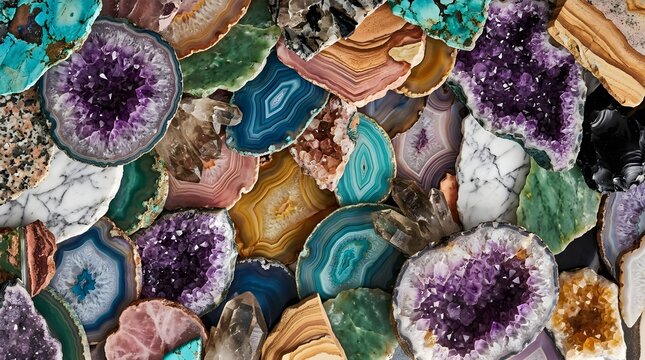 Colorful agate slices and crystal geode clusters.