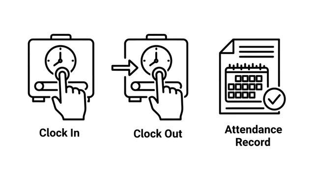 Time attendance clocking in and out digital record icons with attendance management schedule business employee tracking calendar verification productivity compliance planning workflow