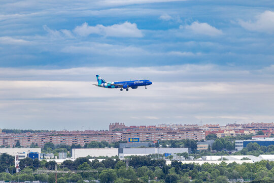 An jetblue airplane from Adolfo Suarez Madrid Barajas Airport in Madrid, Spain.