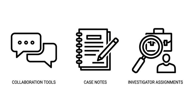 Set of outline icons representing collaboration tools case notes and investigator assignments with collaboration investigator magnifying research teamwork communication business document