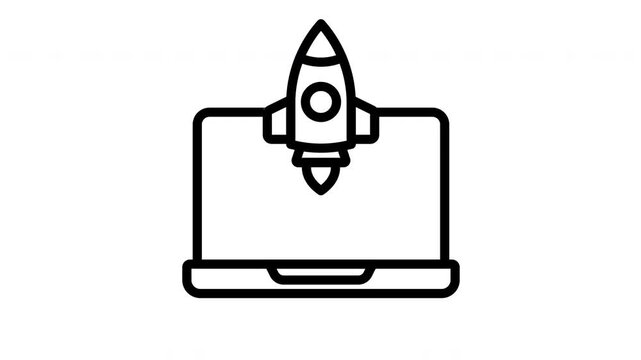 Laptop screen rocket launch line art animation icon for startup concept and business presentation