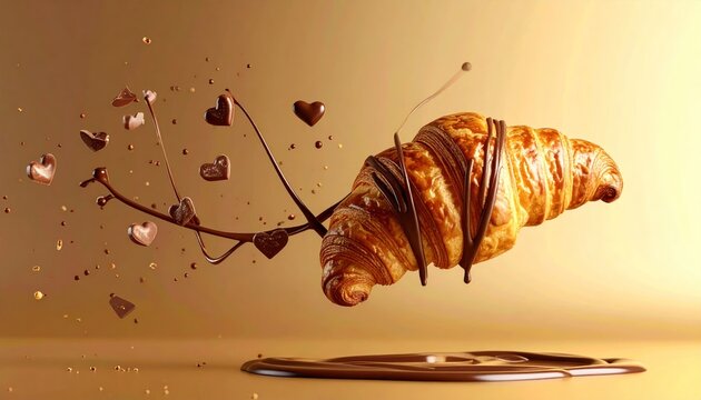 Fluffy croissant drizzled with chocolate hearts, suspended mid-air