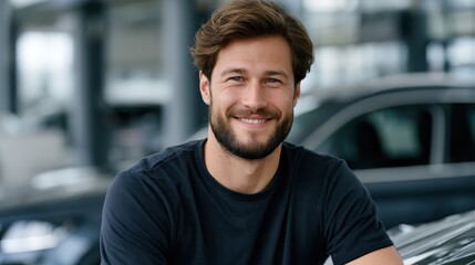 Obraz premium Smiling automotive worker in garage, professional expertise, vehicle service and customer satisfaction concept.
