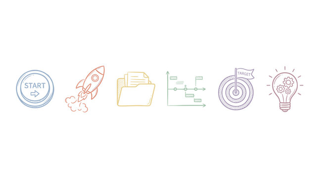 Business strategy icons illustrating the complete project lifecycle from initiation and planning to innovation and successful goal achievement.