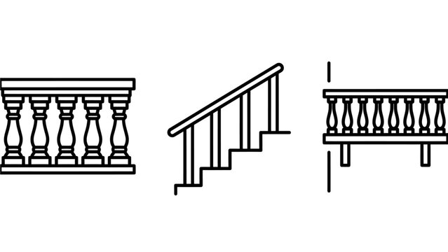 Set of classic balustrade and staircase railing icons with balustrade staircase architecture construction handrail structure building exterior interior ornamental protection vertical