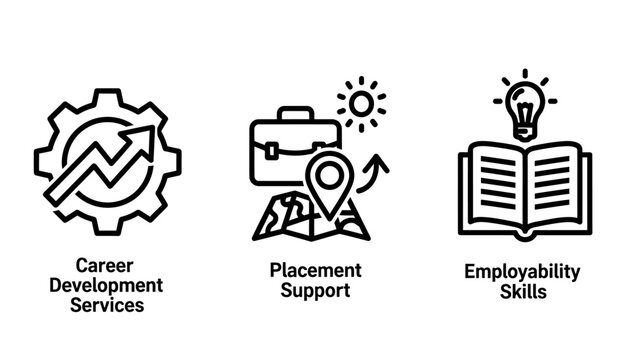 Professional career development and employability skill icons with development placement employability training education briefcase location lightbulb business professional recruitment