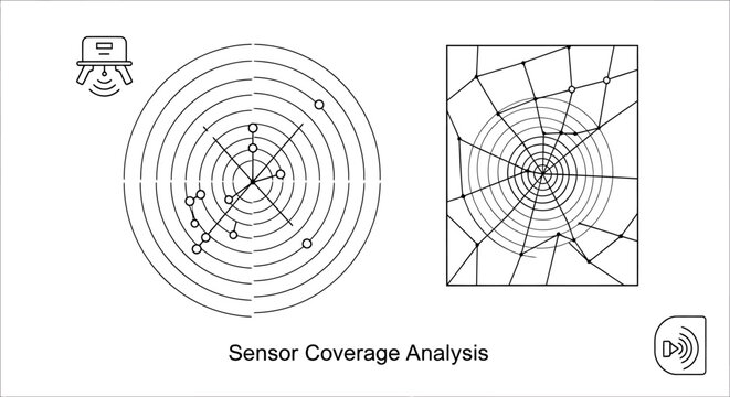Sensor coverage analysis and spatial data visualization diagrams for technical mapping and network monitoring with coverage analysis visualization monitoring technology technical geometry