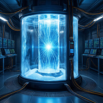 Futuristic quantum containment chamber glowing within advanced research facility representing experimental computing breakthroughs and scientific progress