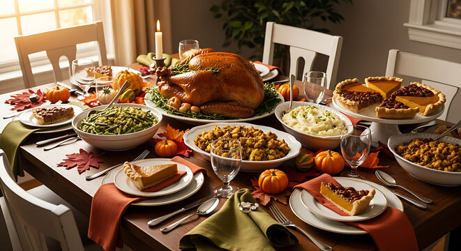 Traditional Thanksgiving feast spread featuring roasted turkey, savory stuffing, creamy mashed potatoes, fresh green beans, homemade pumpkin, apple, and pecan pies on a rustic wooden table.