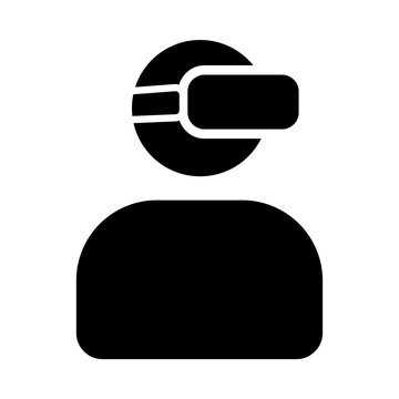 Black silhouette icon of person wearing virtual reality goggles headset representing future technology gaming innovation simulation metaverse and digital entertainment isolated on white background.