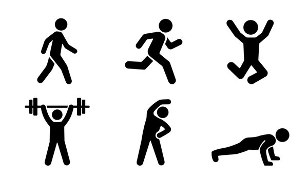 Set of black stick figure icons showing various fitness activities including walking running jumping weightlifting stretching and pushups for sports health gym and healthy lifestyle design elements.