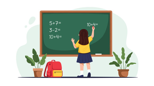 Young student girl standing at a green chalkboard and writing math addition problems with a piece of chalk in a school classroom.